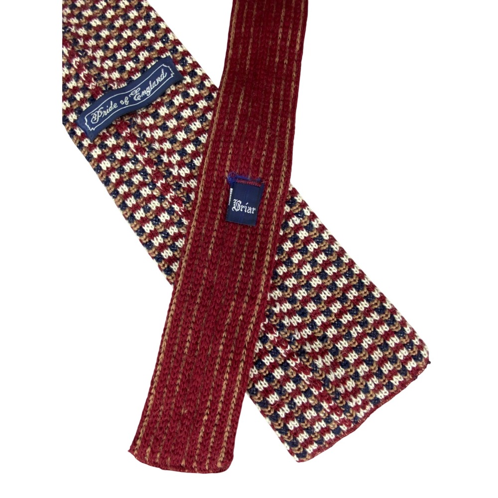 VTG Briar Pride of England Wool Knit Tie Mens Red Blue Grid Square End 52x3.5